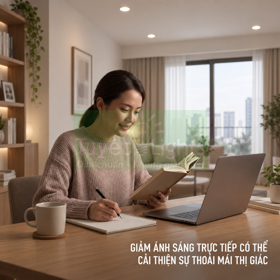 Đèn LED âm trần phòng làm việc chiếu sáng dịu giúp người phụ nữ đọc sách và ghi chép thoải mái
